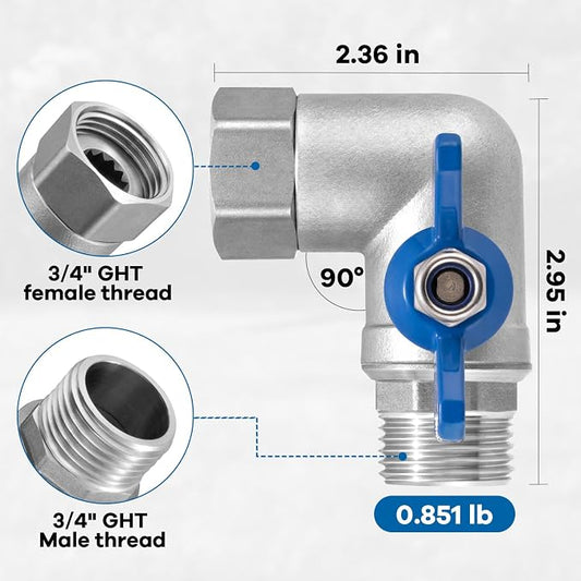 Heavy Duty 304 Stainless Steel 90 Degree Hose Elbow Connector, 3/4" GHT 90 Degree Garden Hose Elbow with Shut-Off Valve for Backyard, Garden Hoses, Outdoor Faucets, RVs(2 Packs)