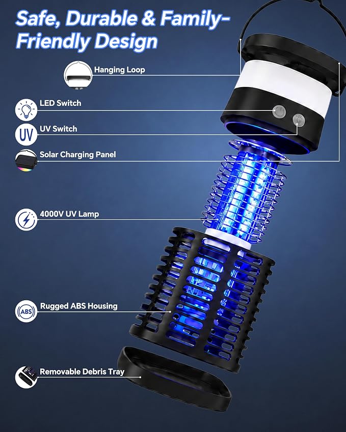 Solar Bug Zapper Outdoor/Indoor, 4000V Electric Mosquito Zapper with Flickering Flame & RGB Atmosphere Light, Cordless Waterproof Rechargeable Mosquito Repellent Outdoor Patio Backyard, Camping, RV