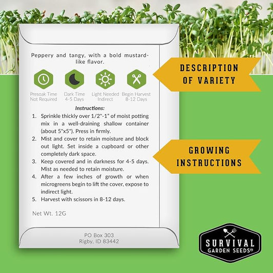 Microgreens Seeds Variety Pack - 5 Heirloom Types for Indoor Sprouting | Mustard, Mung Bean, Curled Cress, Clover & Lettuce – Fast-Growing Non-GMO Heirloom Starter Seeds – Survival Garden Seeds
