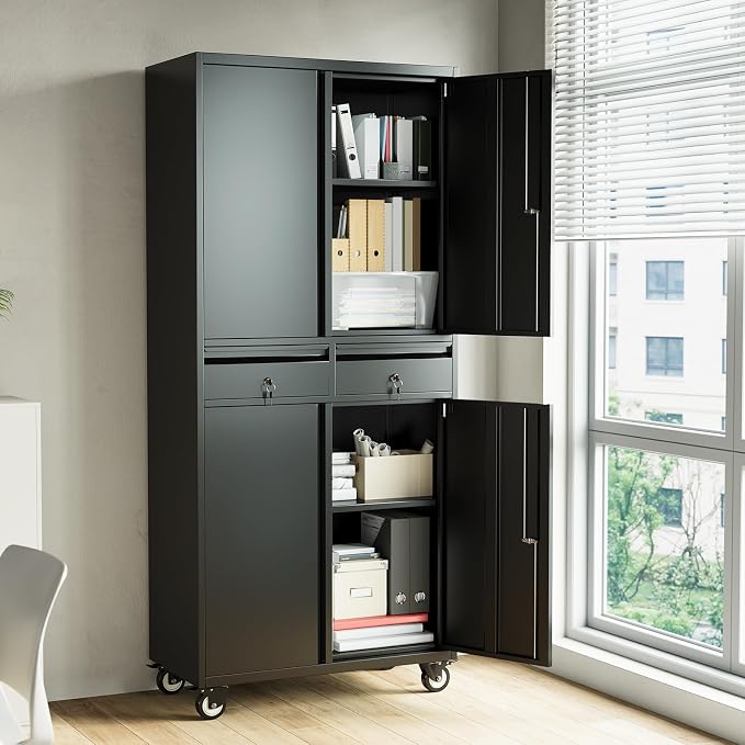 71" Black Metal Storage Cabinet with Wheel, Garage Storage with 2 Drawers + 2 Adjustable Shelves, Heavy Duty Tool Cabinet with Locking Doors for School, Workshop, Office, Black