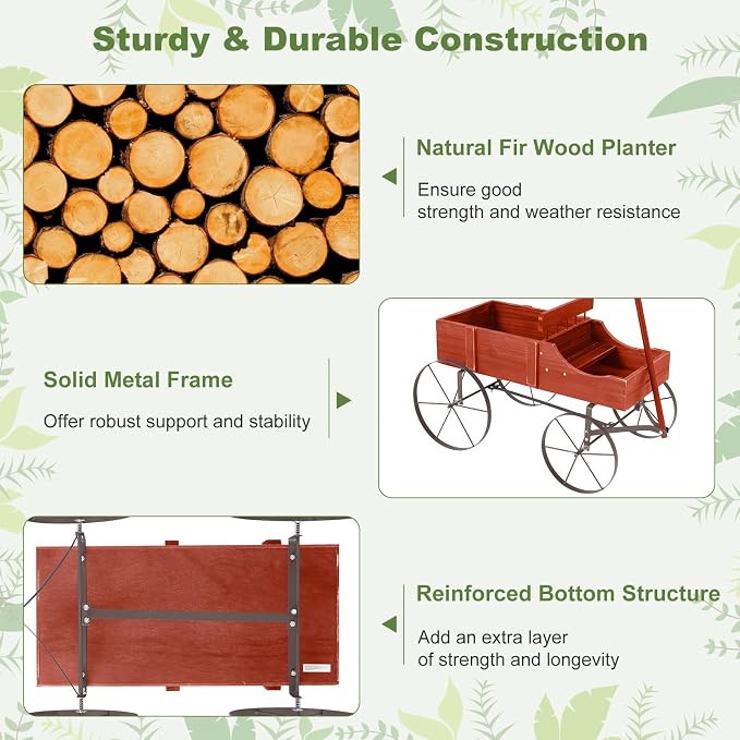 HAPPYGRILL Wooden Wagon Planter, 24.5” x 13.5” x 24” Decorative Garden Planter w/ 2 Planting Sections, Wheels, Handle, Small Decorated Cart, Flower Planter Box for Indoor Outdoor Patio (Red)