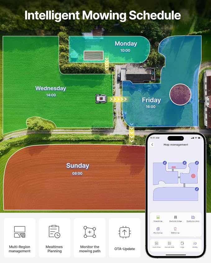 ANTHBOT M5 Robot Lawn Mower 1/8 Acre, Dual Vision+Full-Band NRTK Robotic Lawnmower, No Perimeter Wire, App Control Obstacle Avoidance, 45% Slope, Cutting Height, Multi-Zone Mapping