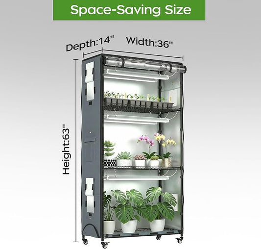 Indoor Greenhouse with Grow Lights & Cover, Plant Stand with Wheels | 36"x14"x63" Plant Shelf, heavy-duty 600D Oxford Cover, 6 full-spectrum Grow Light, Timer, Hygrometer for Seedlings & Flowers