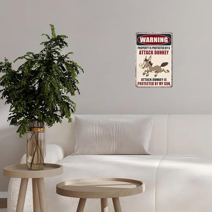Metal Tin Sign Vintage Retro Wall Decor Warning Beware of Donkey Property Is Protected By a Attack Donkey Funny Tin Sign for Home Backyard Garden Patio 12 * 8inch