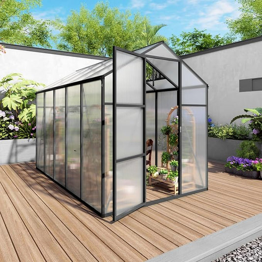 6x10 FT Greenhouse, Walk-in Heavy Duty Polycarbonate Outdoor Greenhouses with Raised Base & Anchor, Height-Enhanced Aluminum Frame, & Drainage System for Backyard All Season Growing, Black
