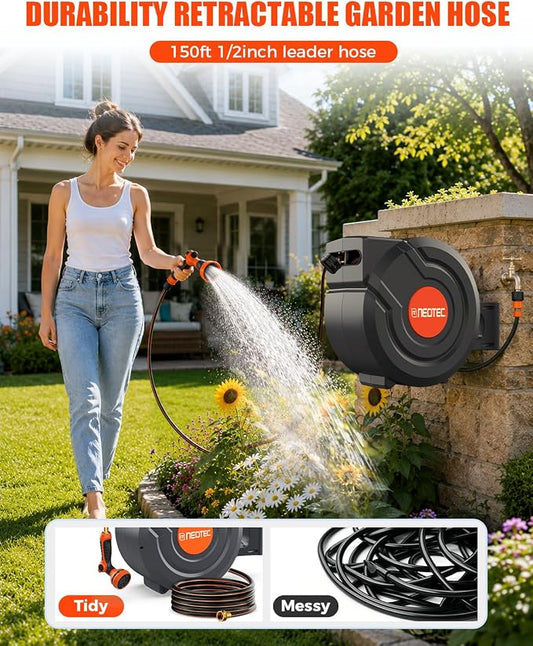 150FT Retractable Garden Hose Reel 1/2 Inch, Wall Mounted Heavy Duty Water Hose with Auto-Lock, Slow Return, 180° Swivel Bracket & 9-Pattern Spray Nozzle – UV Resistant Outdoor Hose Storage System