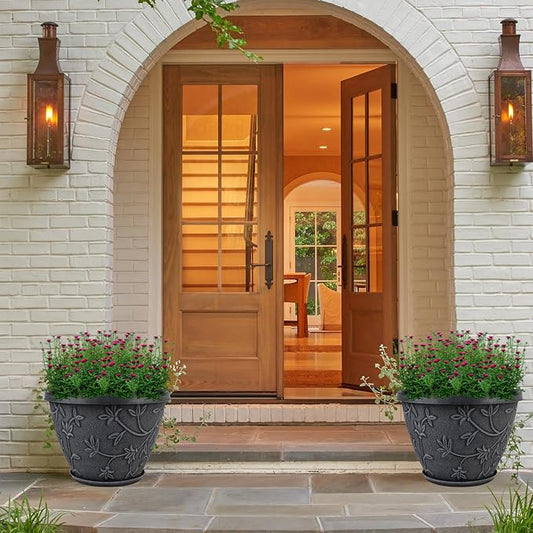 Nooulap 4 Pack 12 Inch Plant Pots for Outdoor Indoor, Plastic Flower Pots with Drainage Hole & Saucer, Modern Decorative Large Garden Pot, Imitation Magnolia Pots for Garden House Planters(Gray)