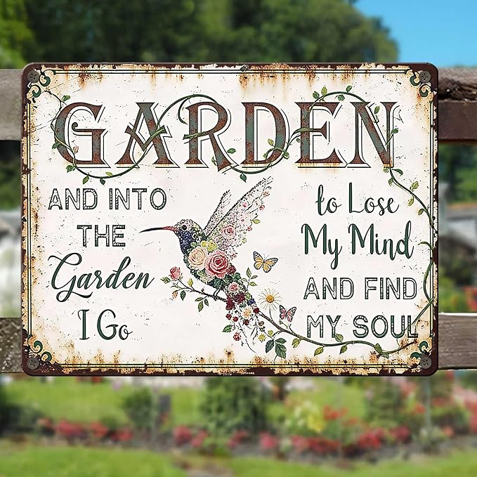 PEACHGARDEN Garden Signs Vintage Metal Sign Into The Garden To Lose My Mind Retro Gardening Poster Yard Wall Art Decor for Patio Greenhouse Backyard Cottage Outdoor 12x16 inch