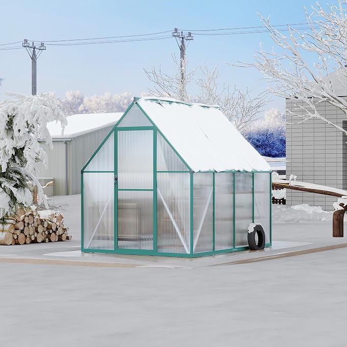 CABIHOME 6x7 FT Outdoor Greenhouse, Polycarbonate Greenhouse with Roof Vent and Ground Nails, Aluminum Large Walk-in Green House w/ Lockable Push Door for Outdoor Garden (Olive, 6x7 FT)