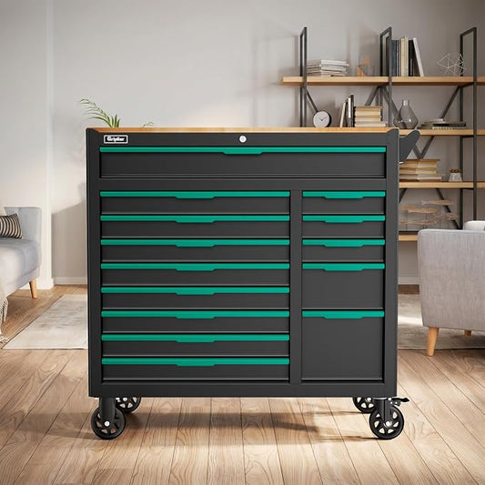 14-Drawers Rolling Tool Chest with Wood Workbench,Brake Casters,Lock & Key,Heavy-Duty Steel Tool Cabinet Storage, for Home,Garbge or Workshop Use (14 Drawers)