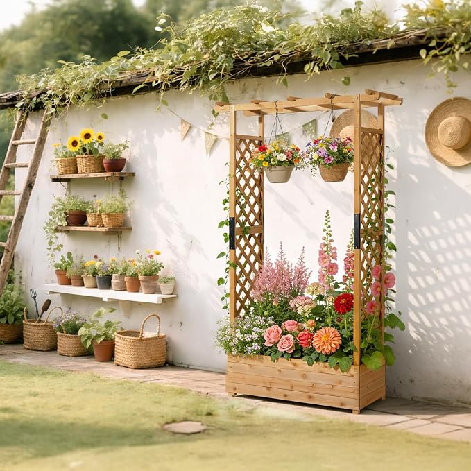 VINGLI Raised Garden Bed with Trellis & Hanging Roof, Wooden Planter Box with Drainage Holes for Outdoor Climbing Plants Vegetables Flowers, Patio Yard Balcony (Teak, Taller)