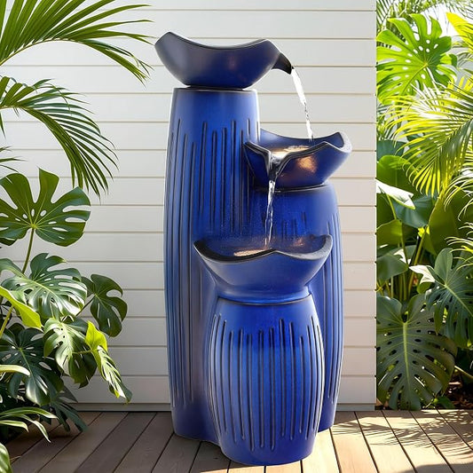 30" H Ceramic Outdoor Water Fountain with Lights, 3-Tier Lotus Bowls | Minimalist Geometirc Water Feature, Cobalt Blue Glaze, Fluted Texture, Cascading Waterfall for Relaxing Garden Patio Yard