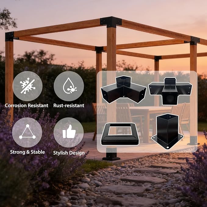 Pergola Kit with 3-Way Brackets & 4-Way Corner Brackets for 4"x 4" (Actual 3.6" X 3.6") Lumber, Heavy Duty Iron Gazebo Bracket Kits Suitable for Pergolas, Gazebos Includes Metal Base, Screws