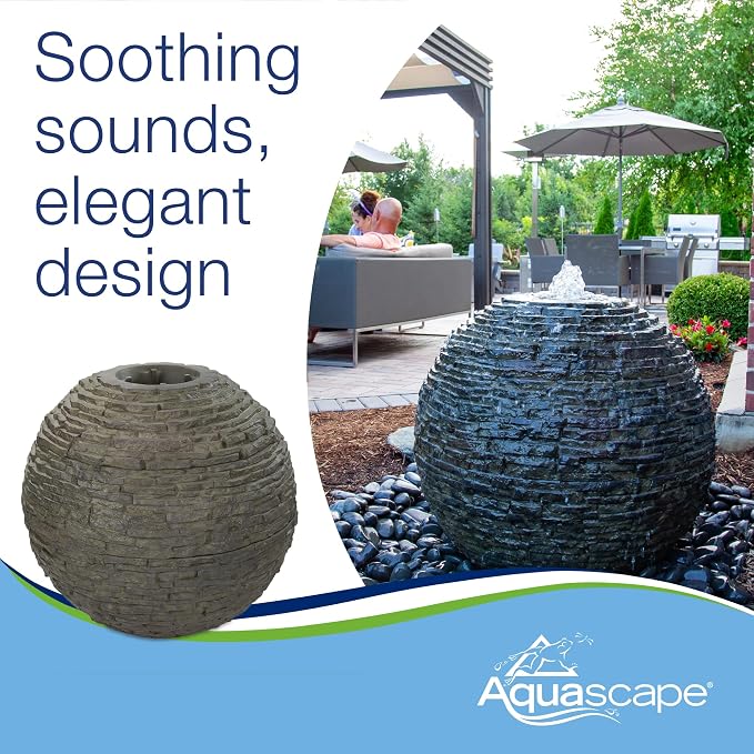 Aquascape Stacked Slate Sphere Fountain, 32 Inch Diameter (81 cm), Lightweight Fiber-Resin Composite Decorative Water Feature, Includes Tubing for Easy Setup, 78288