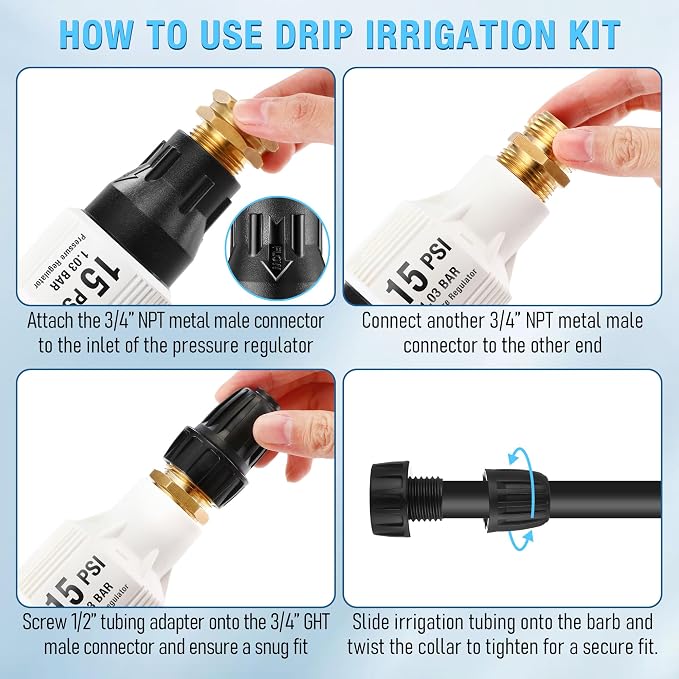 Aurelema 2 Pack Drip Irrigation Pressure Regulator Kit, Water Backflow Preventer for 3/4'' Garden/Faucet Hose Thread and 1/2'' Drip Irrigation Tubing Adapter, Complete Drip Irrigation System (15 Psi)