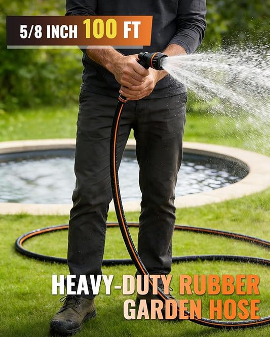 100FT x 5/8" Rubber Garden Hose, Heavy Duty Garden Water Hose, 300 PSI Working, 1000 PSI Burst, Swivel Handle with Stainless Steel Ring, 5-Layer Braided, All-Weather Outdoor Use, BG100GH06