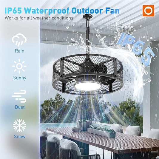 addlon 20 Inch Outdoor Ceiling Fans with Lights, IP65 Waterproof Plug in Caged Hanging Fan for Gazebo, Remote Control, 3 CCT, 6 Speeds Reversible Outdoor Fan for Patio, Pergola, Porch
