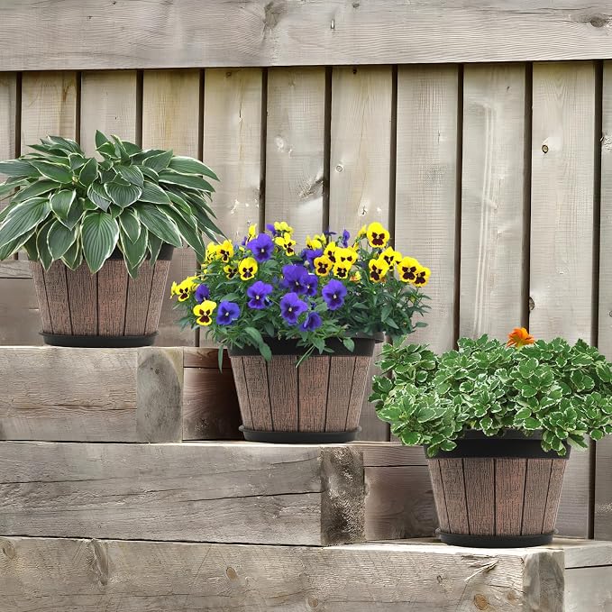 Quarut 4 Pack 8 inch Plant Pot,Upgrade Whiskey Barrel Planters with Drainage Holes & Saucer,Plastic Decoration Flower Pots Retro Design,Planters for Outdoor Indoor Garden Home Plants (Brown)