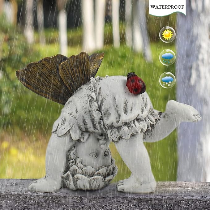 Suyorpe Solar Fairy Garden Statue Decor - Gifts for Women Mom Mother's Day, Angel Boy Resin Figurine Waterproof Home Decoration with Ladybug LED Lights for Outdoor Balcony Lawn Yard Patio
