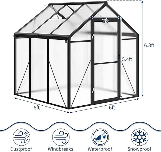 Garvee 6 x 6 FT Greenhouse, Greenhouses for Outside, Polycarbonate Greenhouse with Aluminum Frame, Lockable Door and Ajustable Roof Vent for Backyard, Green Houses for Outside Garden Backyard, Patio