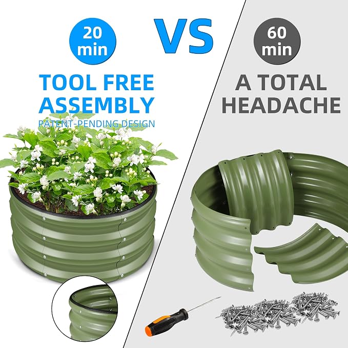 STAGE 3 Pcs Round Raised Bed, 2×2×1ft Galvanized Steel Planter Box for Small Space Gardening, Easy Assembly Elevated Garden Bed with Open Bottom Drainage for Vegetables Herbs Flowers, Olive Green