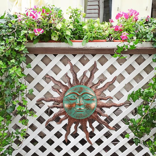 VEWOGARDEN Sun Outdoor Wall Decor, 30" Waterproof Large Metal Wall Art for Home Outside Patio Garden Fence Decorations, Brown & Green
