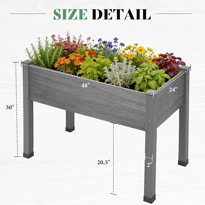 AMERLIFE Raised Garden Bed, 48x30x24 Inches Elevated Wood Planter Box with Bed Liner, Legs, Divider, Drainage Holes, Stand for Backyard, Patio, 330 Lb Capacity - Grey