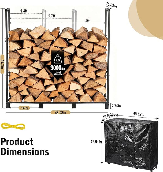 facka 48inch Firewood Rack Outdoor with Cover, Metal Wood Rack | Iron Fire Log Stacker Holder for Fireplace, Patio, Porch, Yard, Garden, Indoor Outdoor Wood Storage