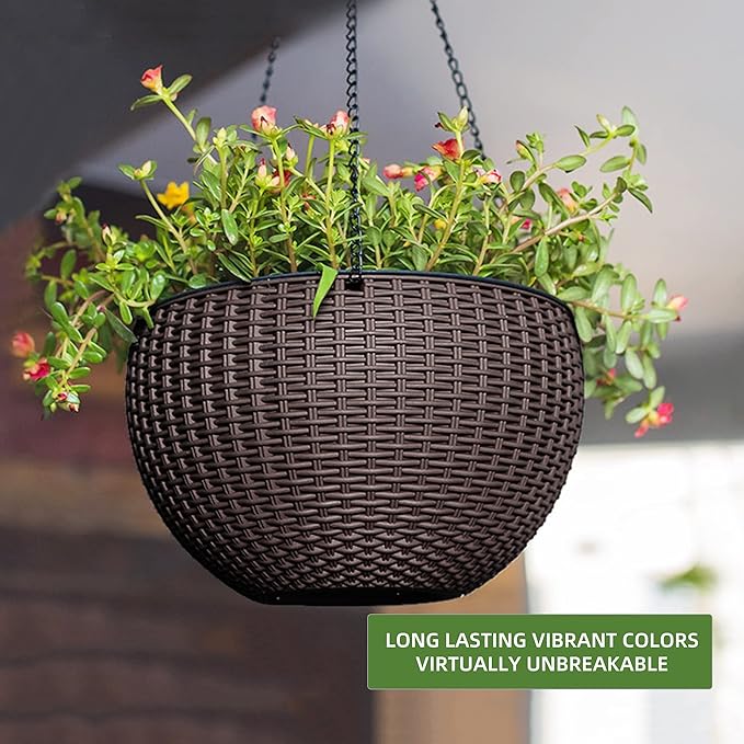 Dexceder 10.5 Inch Self Watering Hanging Planter (Brown) | Thickened Large Hanging Basket Flower Plant Pot with Water Level Indicator Indoor Outdoor