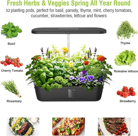 52 Pods Smart Hydroponics Growing System Indoor Herb Garden with Auto Timer | 24W Full-Spectrum Grow Light, 4L Water Tank, Quiet Pump, Height Adjustable, Great for Herbs Veggies in Kitchen & Office