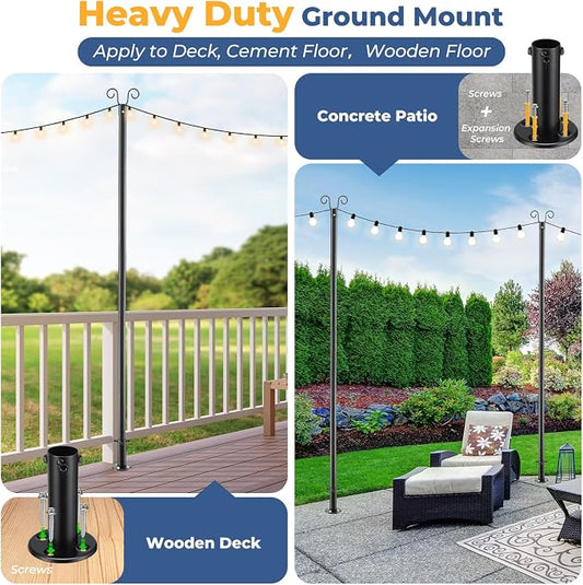 Heavy Duty String Light Poles 8 FT (2 Pack) - Outdoor Patio Deck Light Poles for Outside with Anchor Base and Mounting Bracket, Waterproof Garden Backyard Pole for Wedding Party Garden