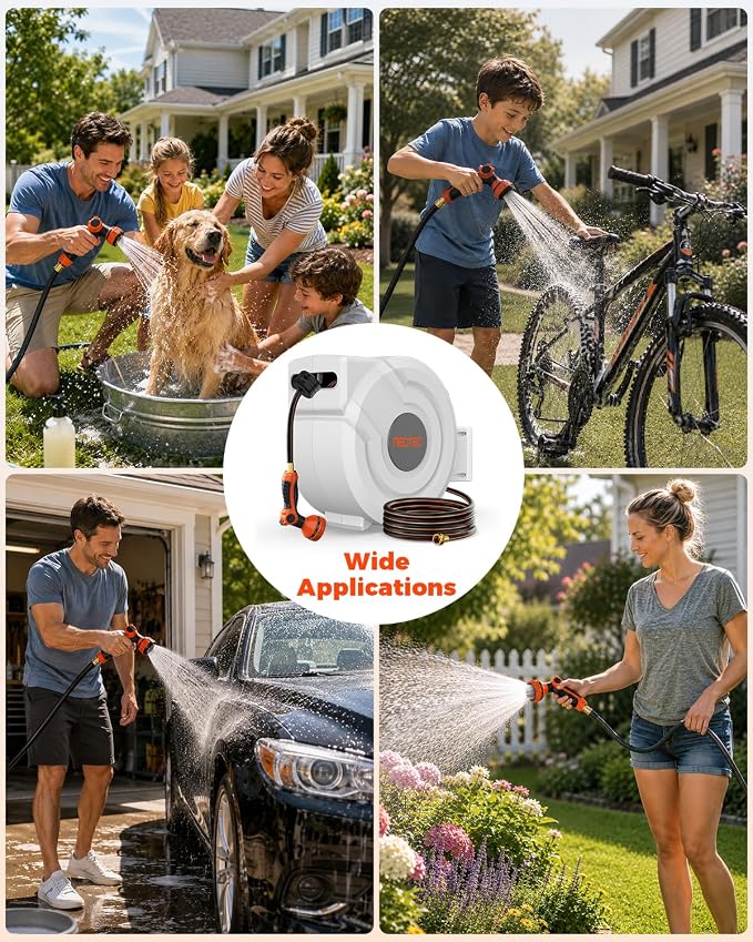 5/8 in 100ft Retractable Garden Hose Reel with Any-Length Lock Slow Auto Rewind Heavy Duty Water Hose Reel With 9-Pattern Nozzle 180° Swivel Bracket UV Resistant Wall Mounted Hose Reel for Outside