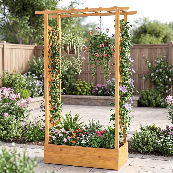 Happygrill 70” Raised Garden Bed with Trellis, Wood Planter Box w/Hanging Roof, 2 Side Trellises, Open-ended Base for Flower, Vegetable, Vine Climbing Plant, Vertical Plant Container for Garden, Patio