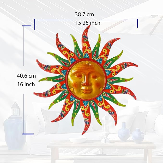 16 Inch Colorful Sun Face Metal Wall Decor, Indoor Outdoor Hanging Art for Farmhouse Patio Yard Bedroom