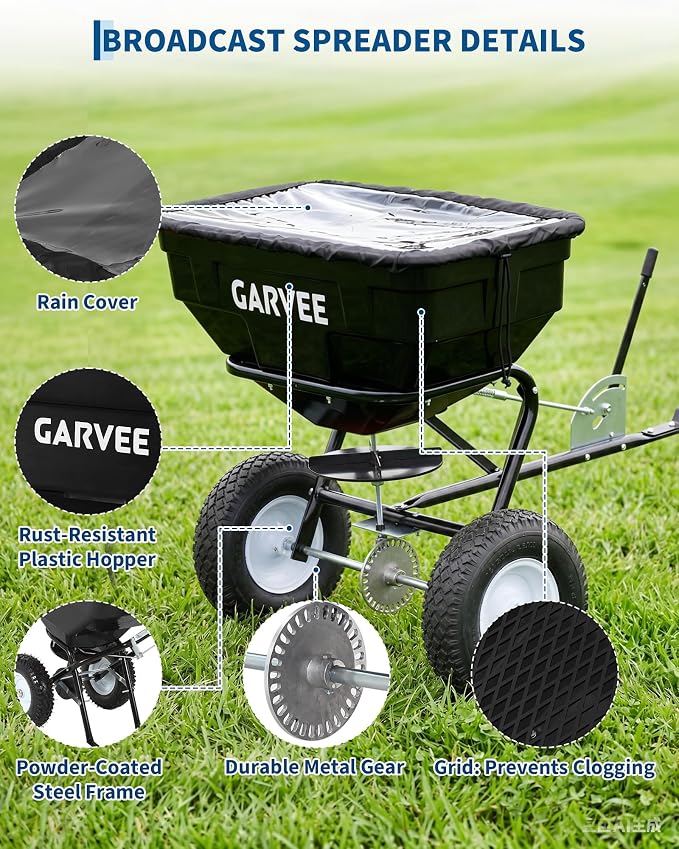 Tow Behind Broadcast Spreader, 125 LBS Large Capacity Universal Hook Tow & Push Lawn Spreader, 9.8 ft Spreading Width 30 Adjustable Settings, Compatible with UTV ATV Riding Mower & Most Tractors