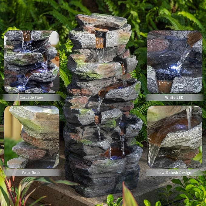 Rock Waterfall Outdoor Fountain with LED Lights, Tiered Resin Garden Water Fountain with Pump, Cascading Stone Look Water Feature for Patio Lawn Backyard Porch Decor