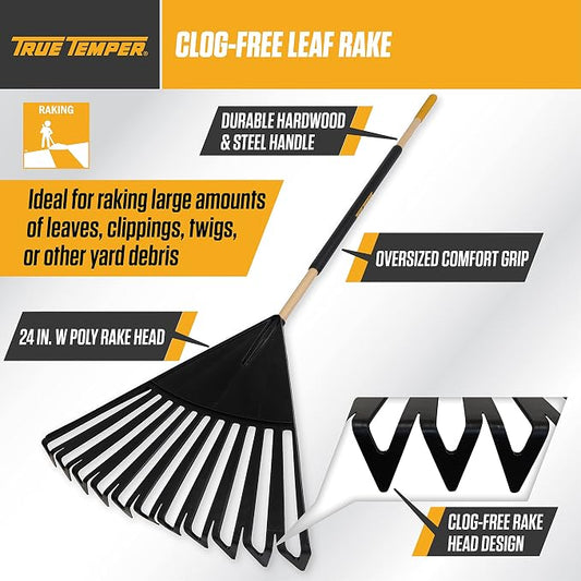 True Temper 20212010 Clog Free Leaf Rake with Hardwood/Steel Handle, 24 in. for Leaves, Grass, Clippings, Twigs, Pine Needles, Acorns, Debris, Black