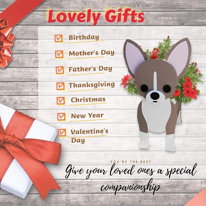 Chihuahua Dog Planter Pots, 9.45 x 8.66 x 13.39 Inches | Dog Flower Pot, Cute Animal Shaped Plant Pot, Gifts for Women & Pet Lovers, Indoor Outdoor Garden Home Office Decor