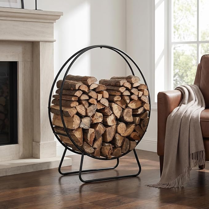 Firewood Rack Outdoor, 24 Inch Round Firewood Storage Log Rack with Arrow Style, Wood Rack for Indoor Fireplace & Balcony (Black)