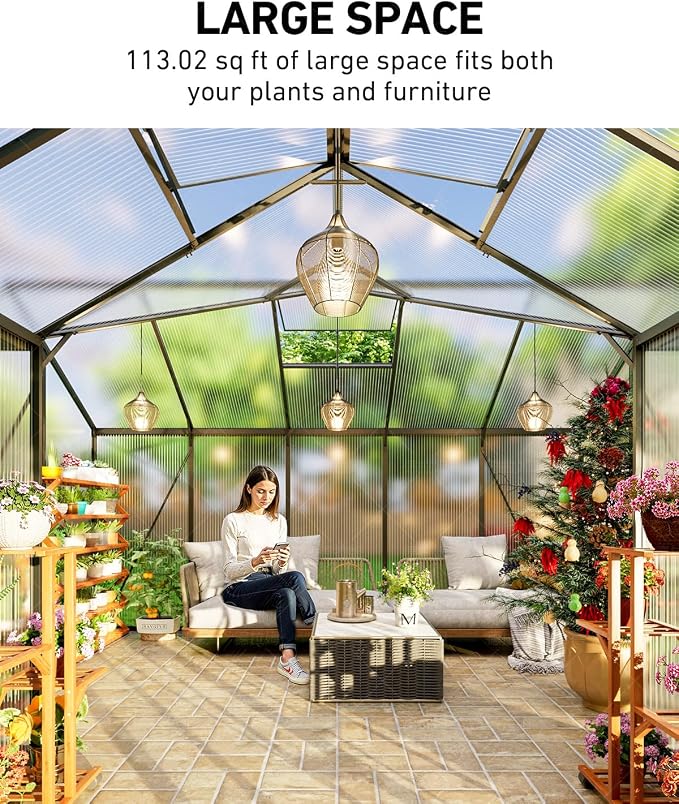 12x12 FT T-Shape Greenhouses, Polycarbonate Green House with UV Protection, Heavy Duty Greenhouse with Windproof Aluminum Frame, Roof Vent & Quick-Install Design for Backyard or Garden Use