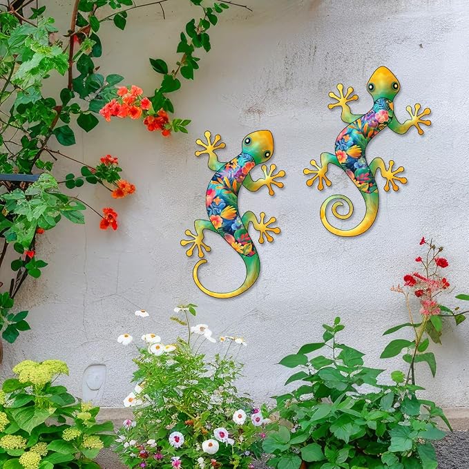Metal Gecko Outdoor Decor -2 Pack 11.8 inch Metal Lizard Wall Hanging Sculpture Decoration for Indoor or Outdoor, Garden Yard Fence Porch Wall Decor