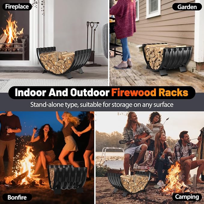 Metal Firewood Rack Outdoor Beside Fire Pit/Steel Logs Storage Indoor by Fireplace-with Metal Legs,Rustproof,Durable & Stylish Firewood Holder (Sector, 24 Inches Diameter)