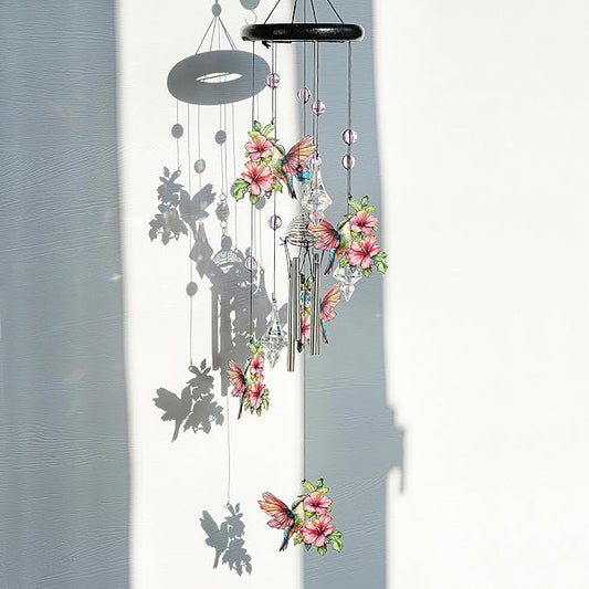 YU FENG Hummingbird Memorial Wind Chime, Crystal Suncatcher Garden Decor | 27 Inch Pink Metal Wind Chime, Hummingbird Design, Sympathy Gift For Women Mom Grandma, Outdoor Hanging Decor