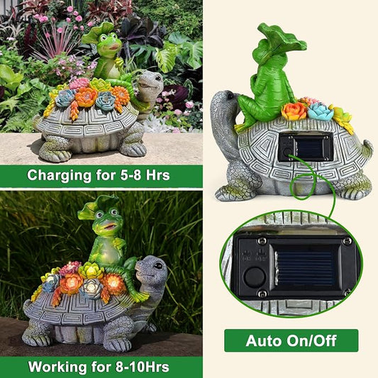 Solar Garden Outdoor Statues Turtle& Frog with Succulent and 8 LED Lights, Turtle Carrying Lotus Leaf Frog Figurines, Lawn Decorations for Patio Yard Gifts for Mom Grandma Housewarming