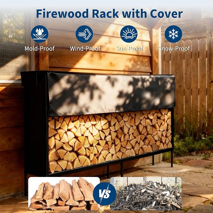DUMOS 8FT Heavy Duty Firewood Storage Rack, Heavy Duty Firewood Log Racks with Cover and Zipper, Outdoor Fire Wood Racks Storage Logs Rack and Cover Set for Farm, Garden, Patio, Black