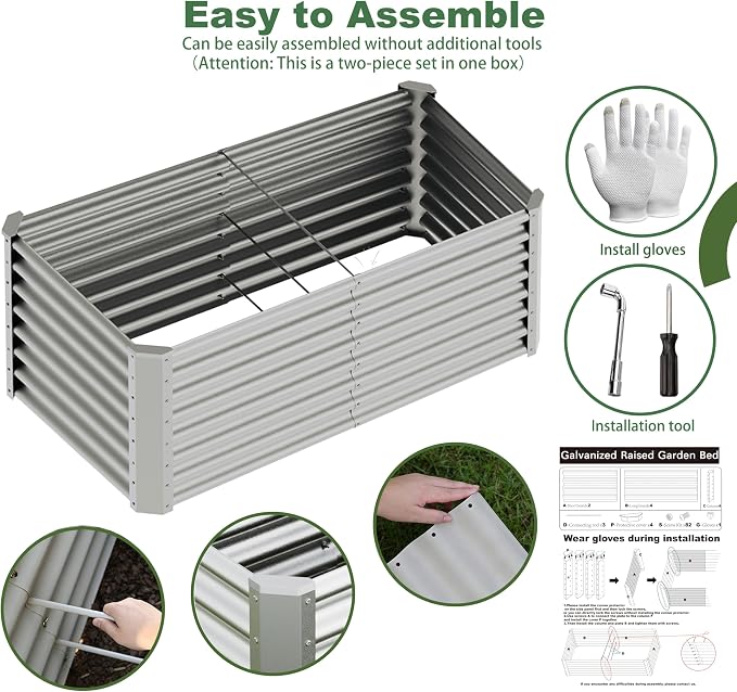 4x2x2ft(2 Pack) Raised Garden Bed Kit,Galvanized Steel Raised Garden beds for Outdoor, Metal Planter Raised Beds for Vegetables,Fruits, Flower,Silver