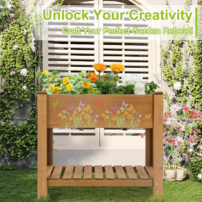 ketive Raised Garden Bed with Legs - Elevated Wooden Planter Box, Durable Fir Wood, Reinforced Frame with Drainage Holes, Liner, and Storage Shelf for Vegetables, Herbs, Flowers, 33.5" x 18" x 30"