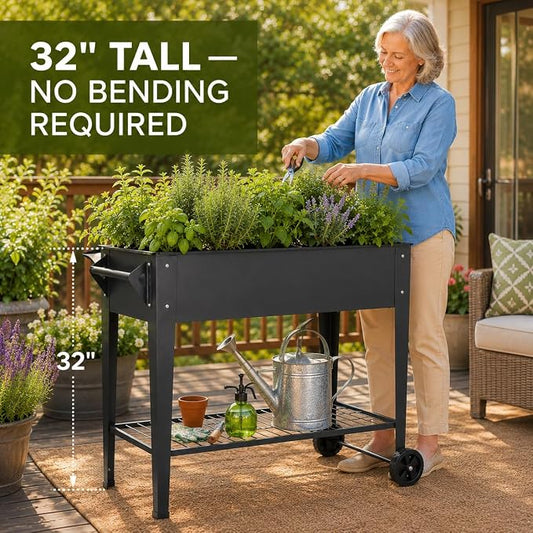 LEETOLLA Elevate 32" Tall Raised Garden Bed Outdoor with Wheels & Shelf for Mobility, 400LBS Capacity, Anti-Rust Steel Planter Box for Vegetables/Herbs, Patio-Balcony-Backyard