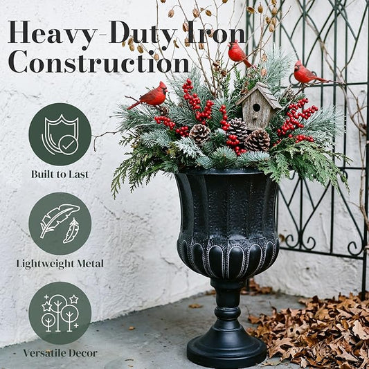 Worth Garden 25" H. Metal Urn Planters 2-Pack - Black Traditional Classic Iron Plant Pots - Large Decorative Rustic Flower Container for Patio, Front Porch, Outdoor Use
