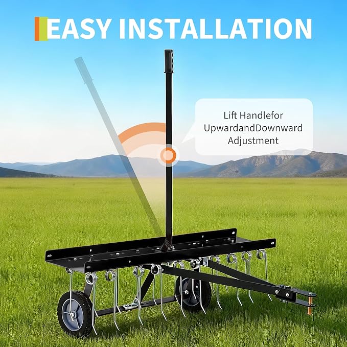 48 Inch Tow Behind Dethatcher, Tow Behind Lawn Rake with 20 Spring Steel Tines & Lift Handle, Heavy Duty Lawn Dethatcher Rake Attachment for ATV, Riding Mower, Lawn Tractor, Yard & Garden,Black